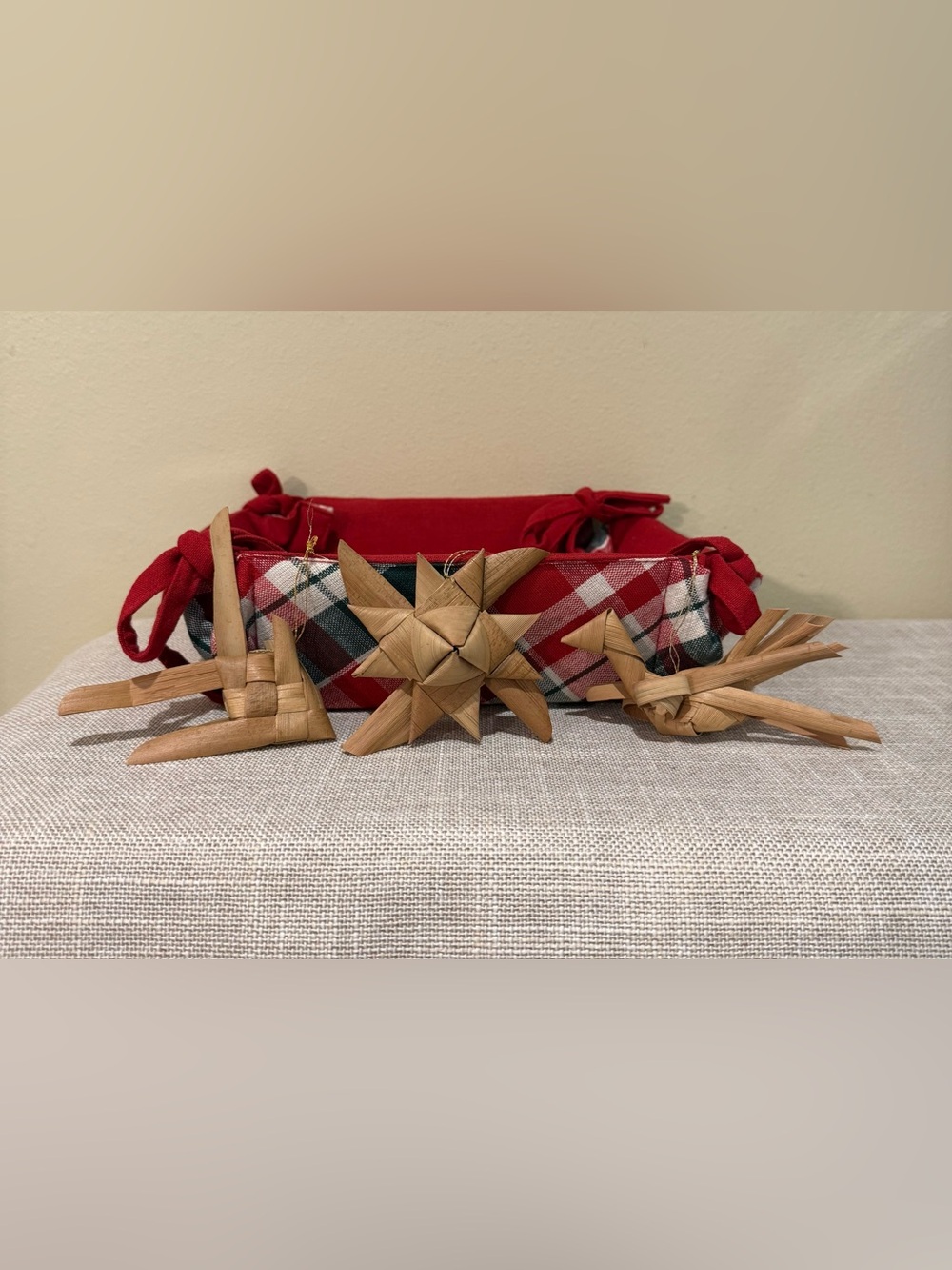 Vintage Hand Woven Palm Leaf Christmas Ornaments Set of 3 Fish Star Bird